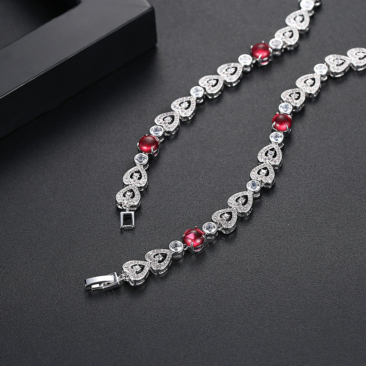 White Gold Plated Red Flower Heart Cubic Zirconia Statement Necklace AAA1570