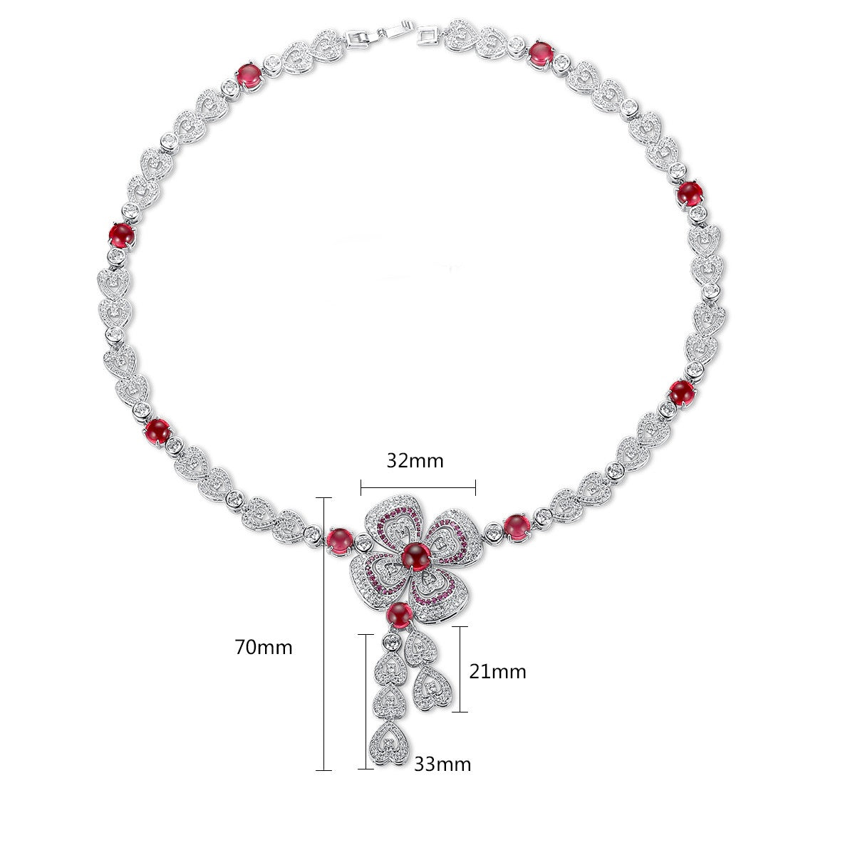 White Gold Plated Red Flower Heart Cubic Zirconia Statement Necklace AAA1570