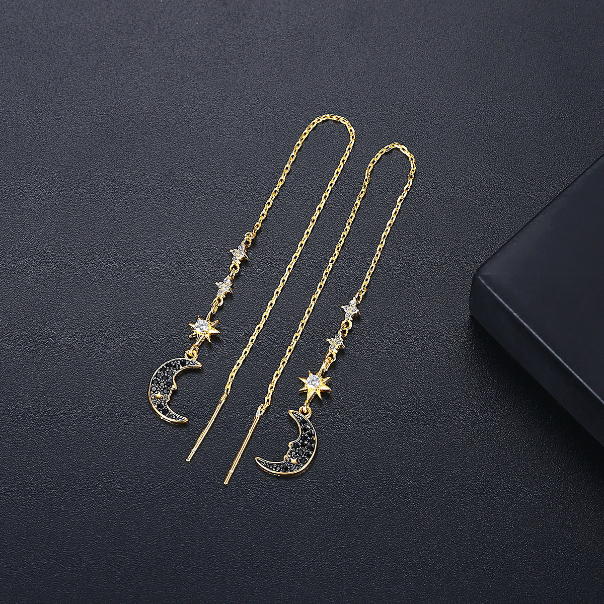 Moon & Star Gold Plated Cubic Zirconia Threader Dangle Drop Earrings AAA1672