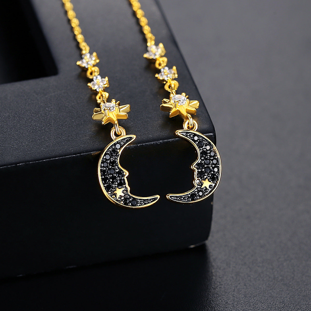 Moon & Star Gold Plated Cubic Zirconia Threader Dangle Drop Earrings AAA1672
