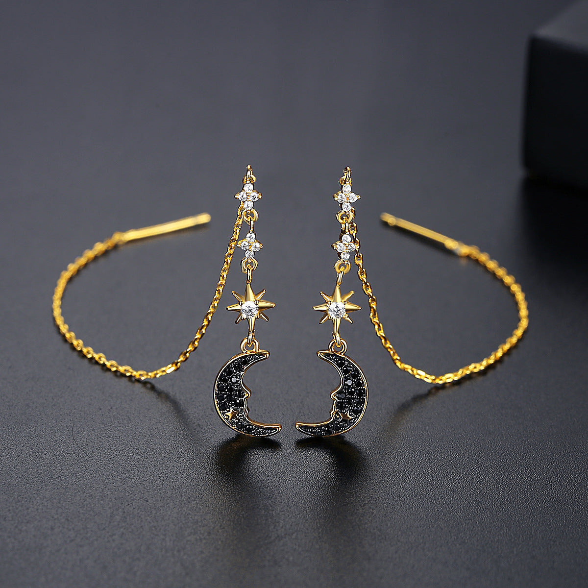 Moon & Star Gold Plated Cubic Zirconia Threader Dangle Drop Earrings AAA1672