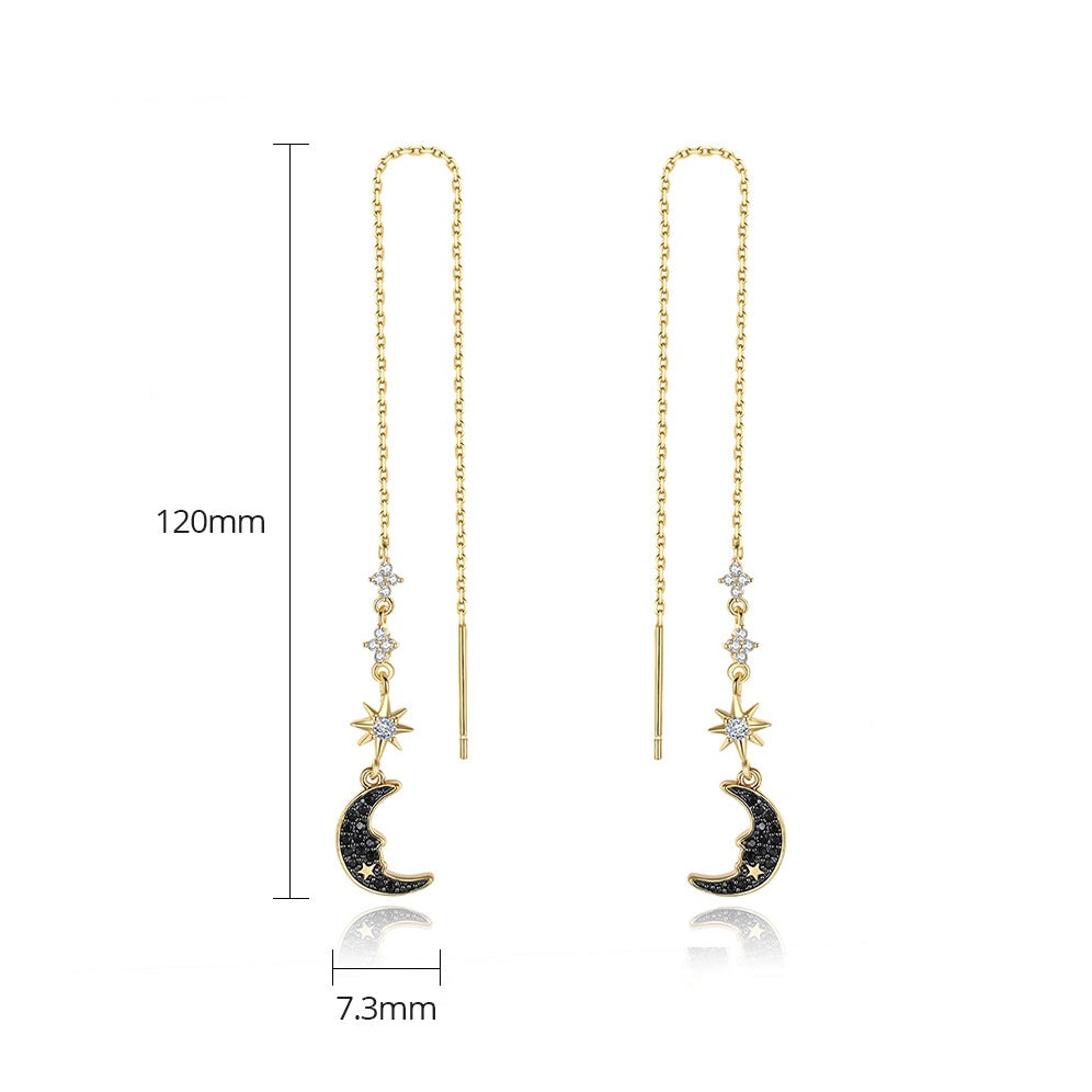 Moon & Star Gold Plated Cubic Zirconia Threader Dangle Drop Earrings AAA1672
