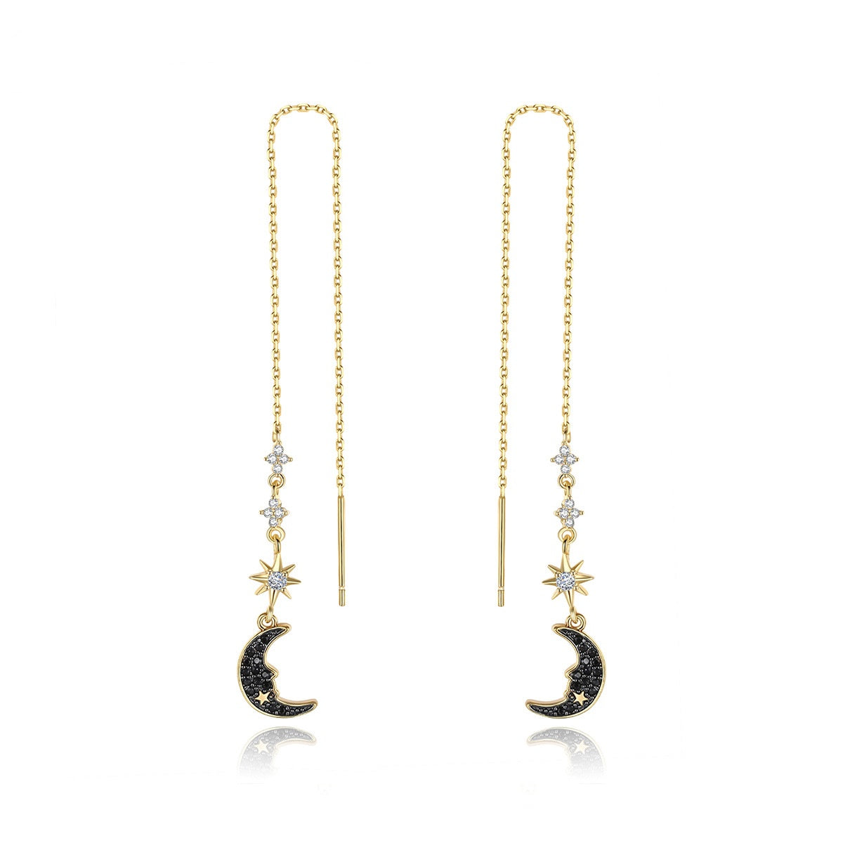 Moon & Star Gold Plated Cubic Zirconia Threader Dangle Drop Earrings AAA1672