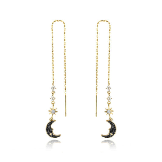 Moon & Star Gold Plated Cubic Zirconia Threader Dangle Drop Earrings AAA1672