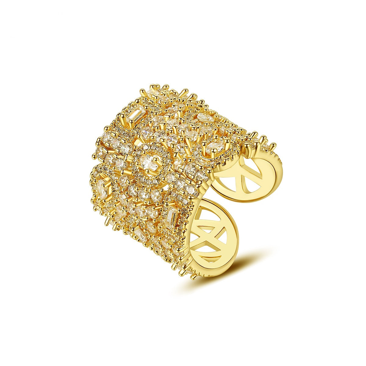 Gold Plated Cluster Cubic Zirconia Long Cuff Statement Ring AAA177