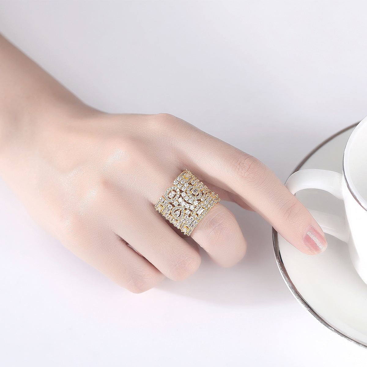 Gold Plated Cluster Cubic Zirconia Long Cuff Statement Ring AAA177