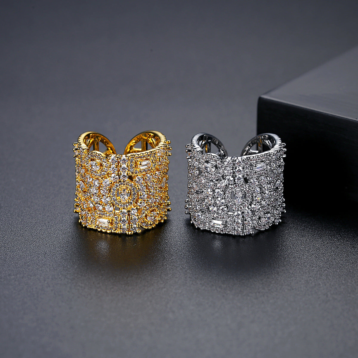 Gold Plated Cluster Cubic Zirconia Long Cuff Statement Ring AAA177