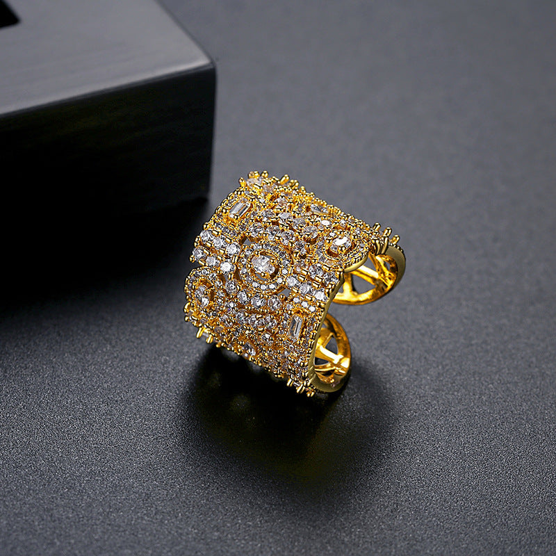 Gold Plated Cluster Cubic Zirconia Long Cuff Statement Ring AAA177