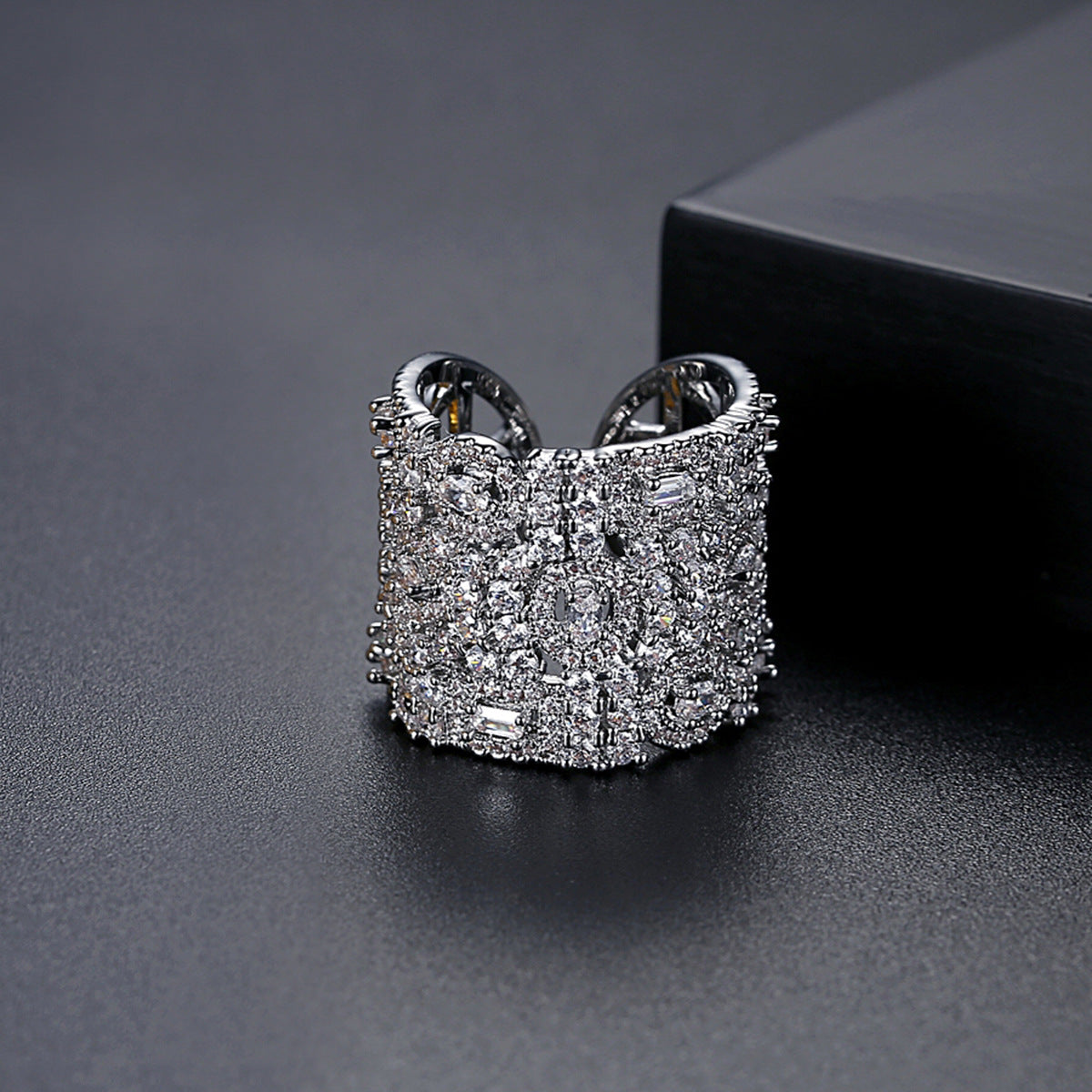 Gold Plated Cluster Cubic Zirconia Long Cuff Statement Ring AAA177