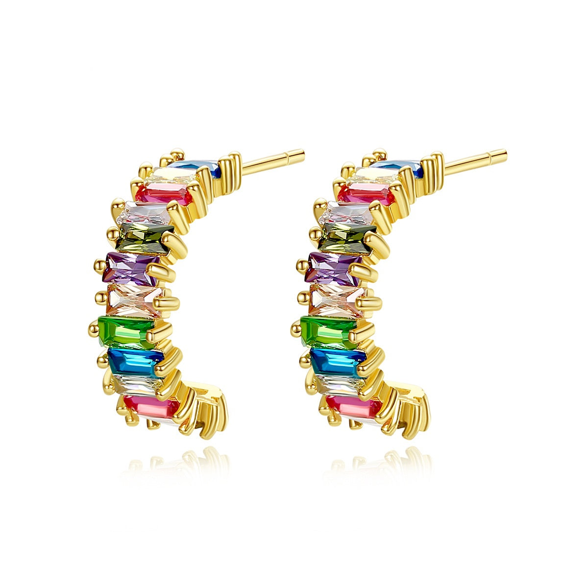 Gold Plated Mixed Color Cubic Zirconia Open C Shape Hoop Earrings AAA1811