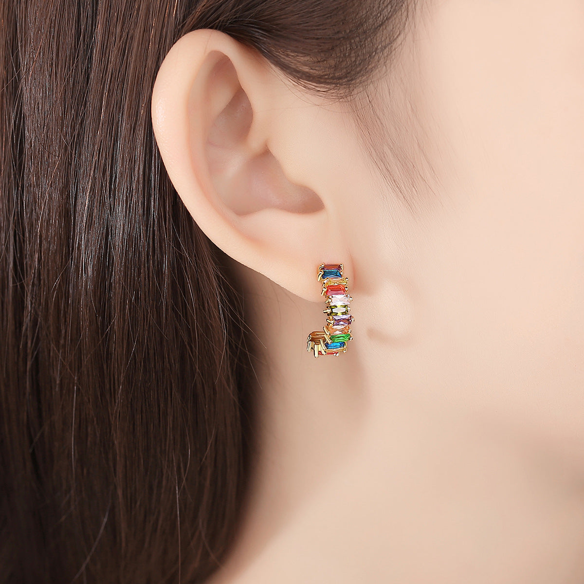 Gold Plated Mixed Color Cubic Zirconia Open C Shape Hoop Earrings AAA1811