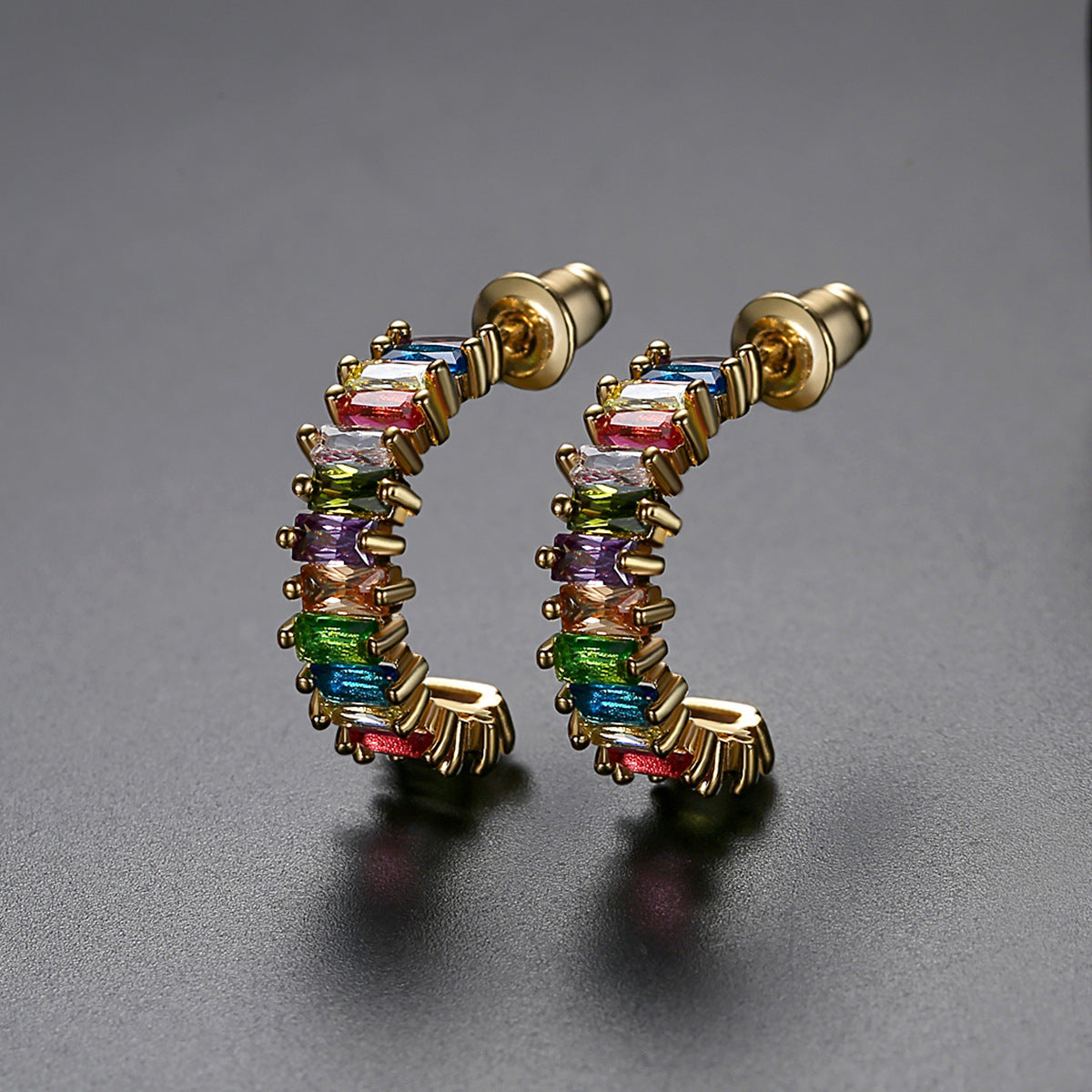 Gold Plated Mixed Color Cubic Zirconia Open C Shape Hoop Earrings AAA1811