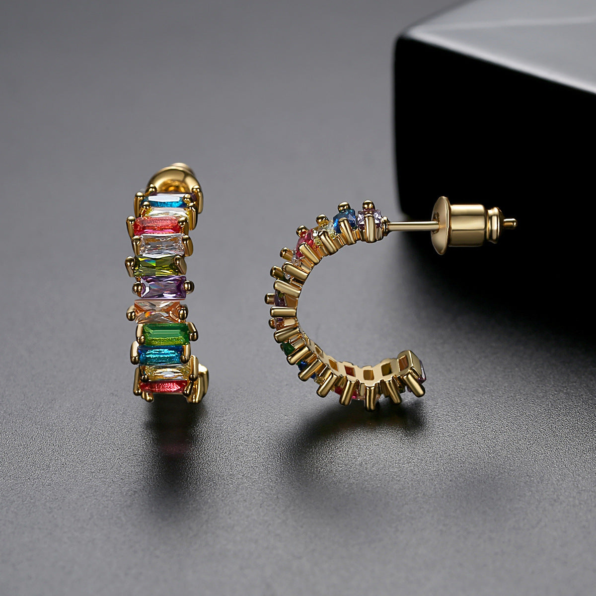Gold Plated Mixed Color Cubic Zirconia Open C Shape Hoop Earrings AAA1811