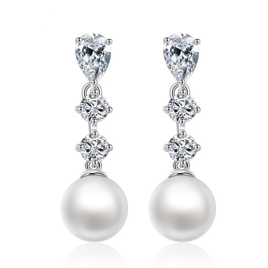 White Gold Plated Faux Pearl Cubic Zirconia Dangle Drop Earrings AAA1865