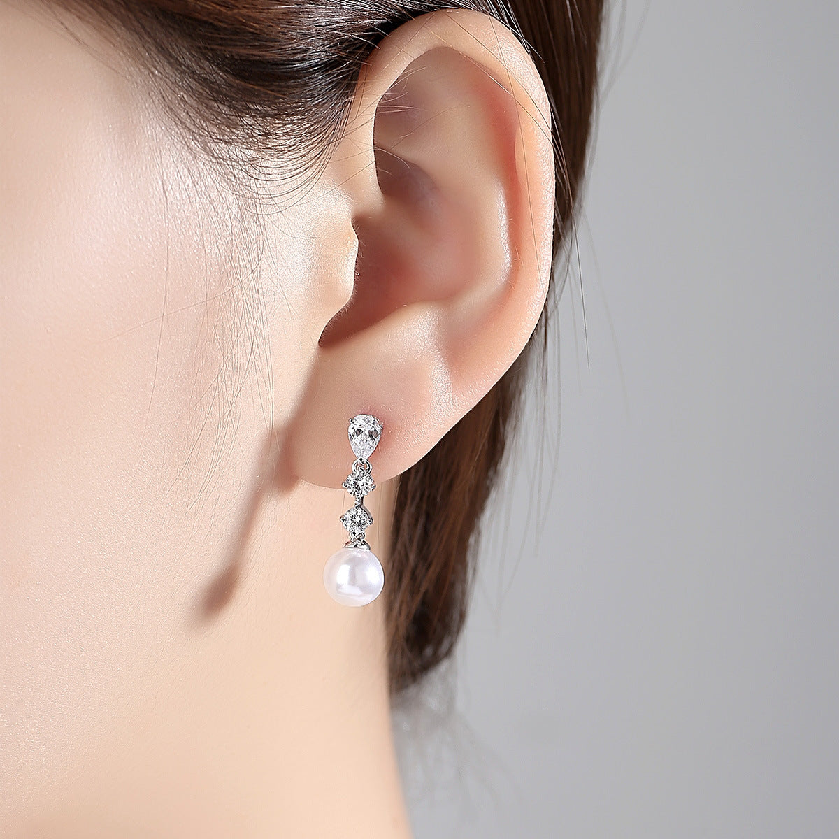 White Gold Plated Faux Pearl Cubic Zirconia Dangle Drop Earrings AAA1865
