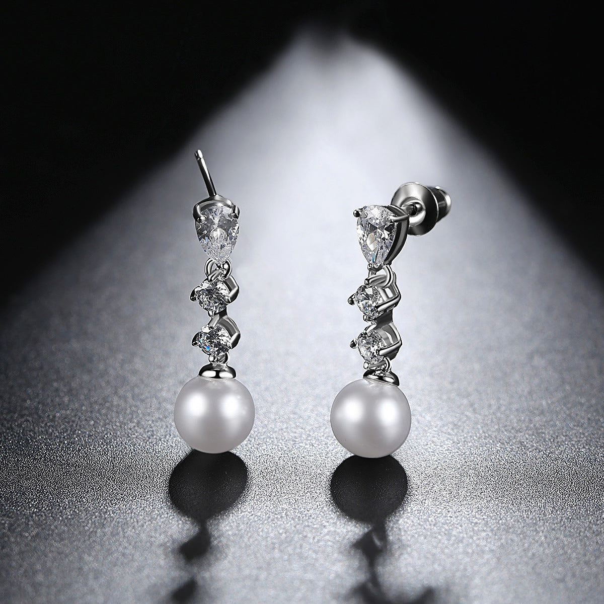 White Gold Plated Faux Pearl Cubic Zirconia Dangle Drop Earrings AAA1865