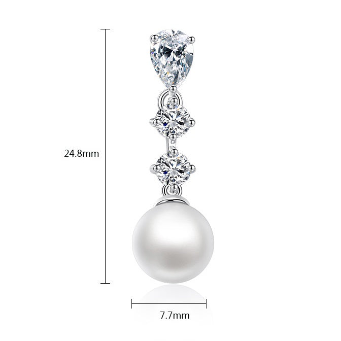White Gold Plated Faux Pearl Cubic Zirconia Dangle Drop Earrings AAA1865