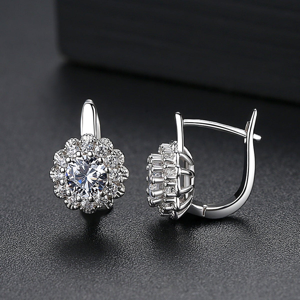 Gold Plated Flowers Cubic Zirconia Huggie Hoop Earrings AAA1877