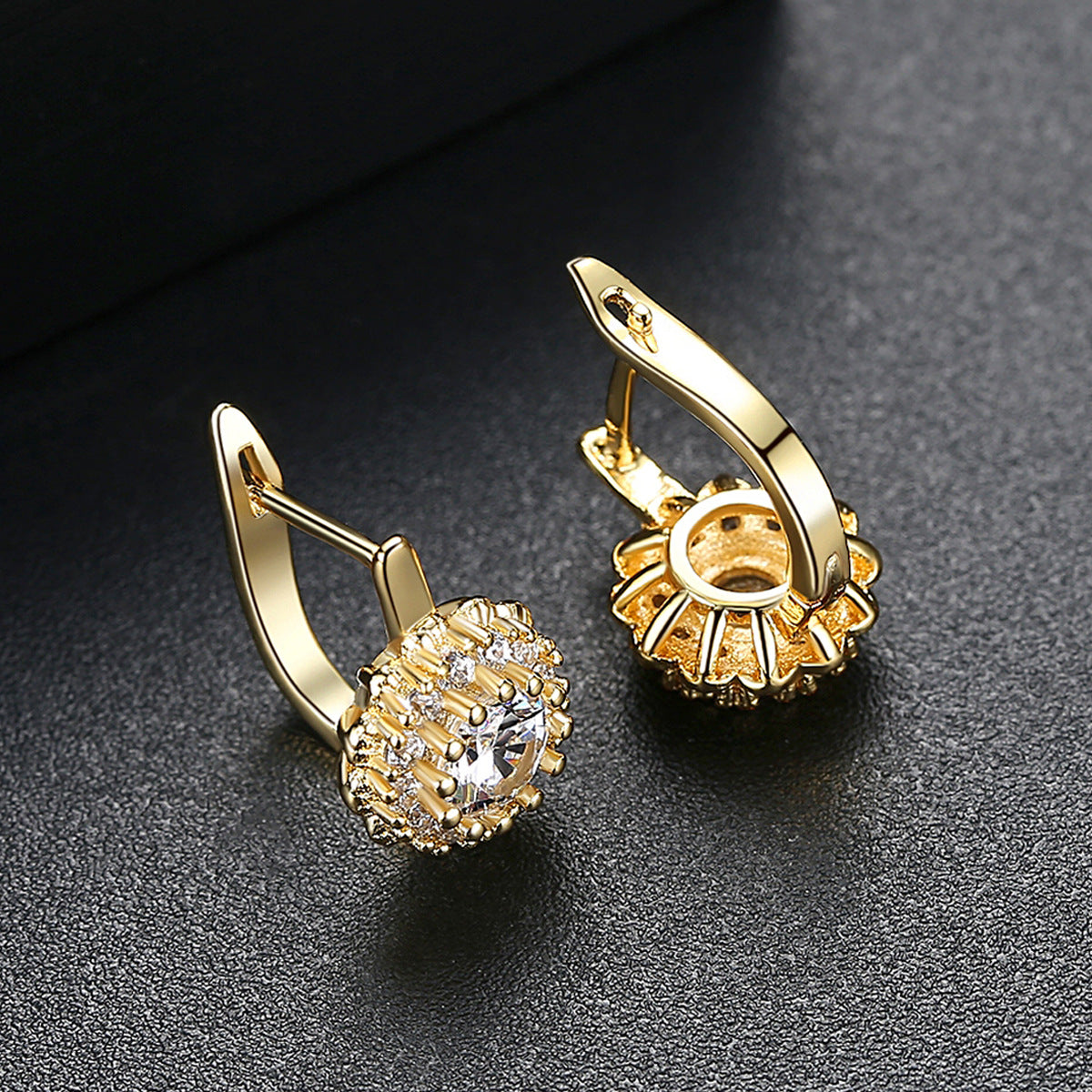 Gold Plated Flowers Cubic Zirconia Huggie Hoop Earrings AAA1877