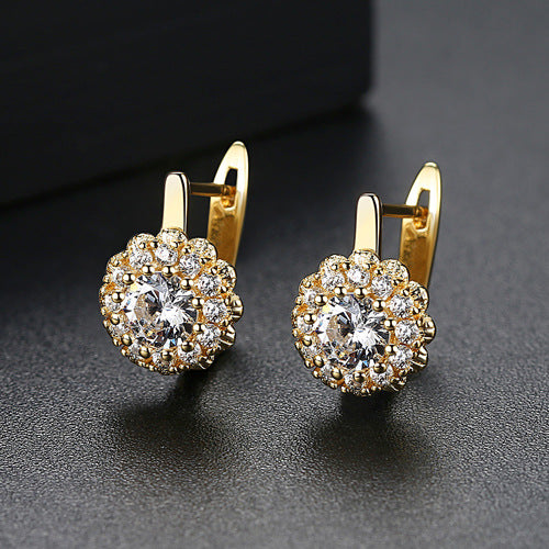 Gold Plated Flowers Cubic Zirconia Huggie Hoop Earrings AAA1877
