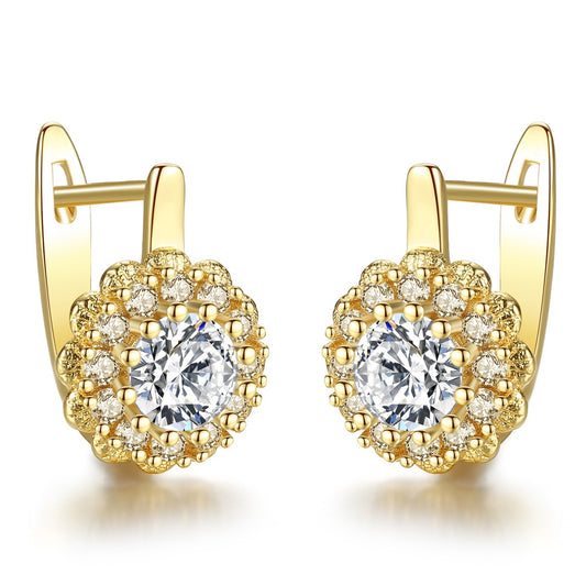Gold Plated Flowers Cubic Zirconia Huggie Hoop Earrings AAA1877