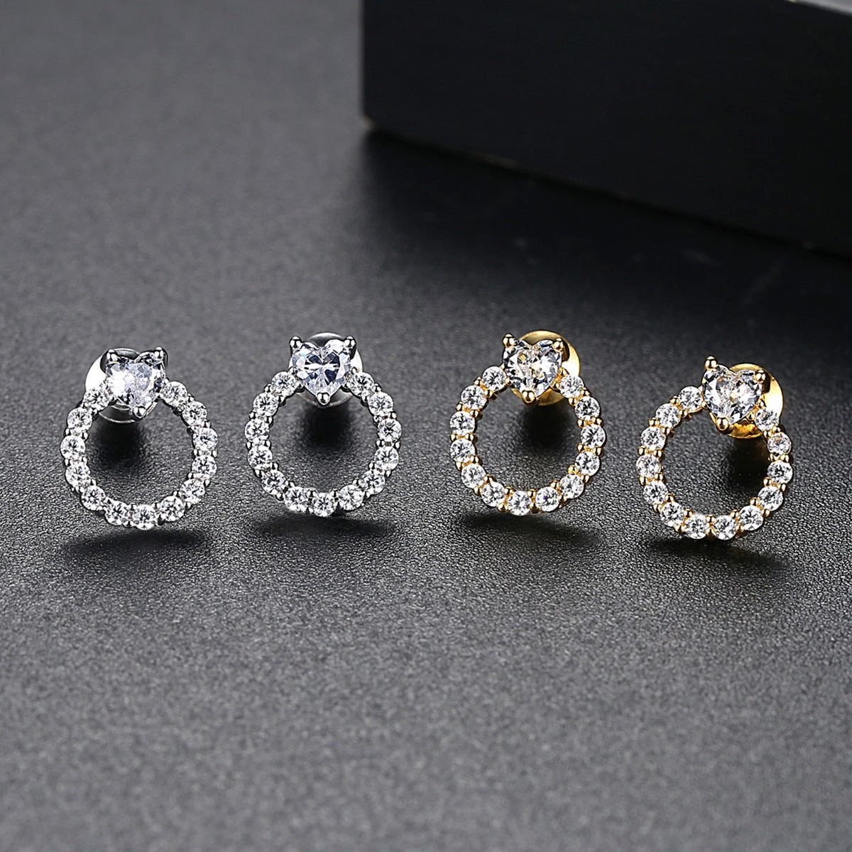 Gold Plated Heart Shape Cubic Zirconia Circle Stud Earrings AAA1880
