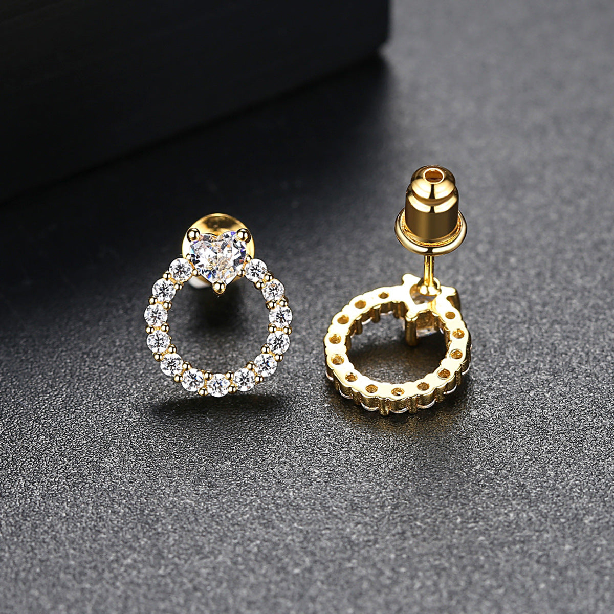 Gold Plated Heart Shape Cubic Zirconia Circle Stud Earrings AAA1880