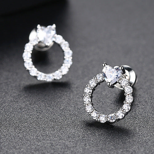 Gold Plated Heart Shape Cubic Zirconia Circle Stud Earrings AAA1880