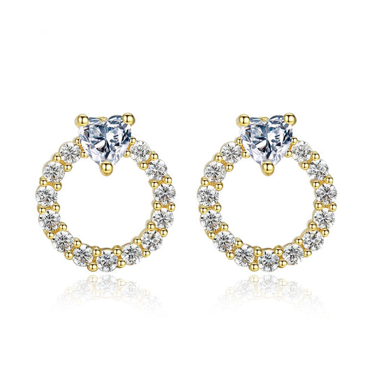 Gold Plated Heart Shape Cubic Zirconia Circle Stud Earrings AAA1880
