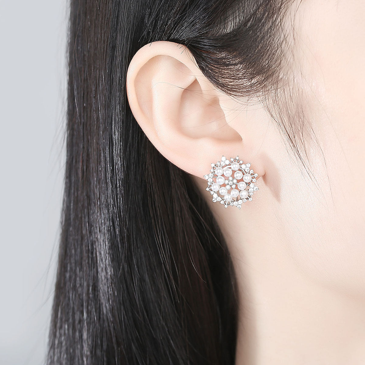 Faux Pearl & Cubic Zirconia Flower Stud Earrings AAA1922
