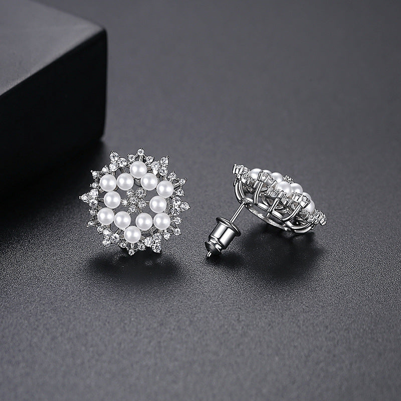 Faux Pearl & Cubic Zirconia Flower Stud Earrings AAA1922