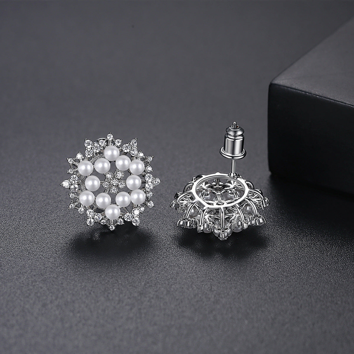 Faux Pearl & Cubic Zirconia Flower Stud Earrings AAA1922