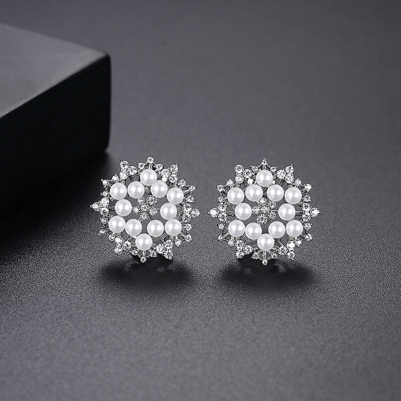 Faux Pearl & Cubic Zirconia Flower Stud Earrings AAA1922