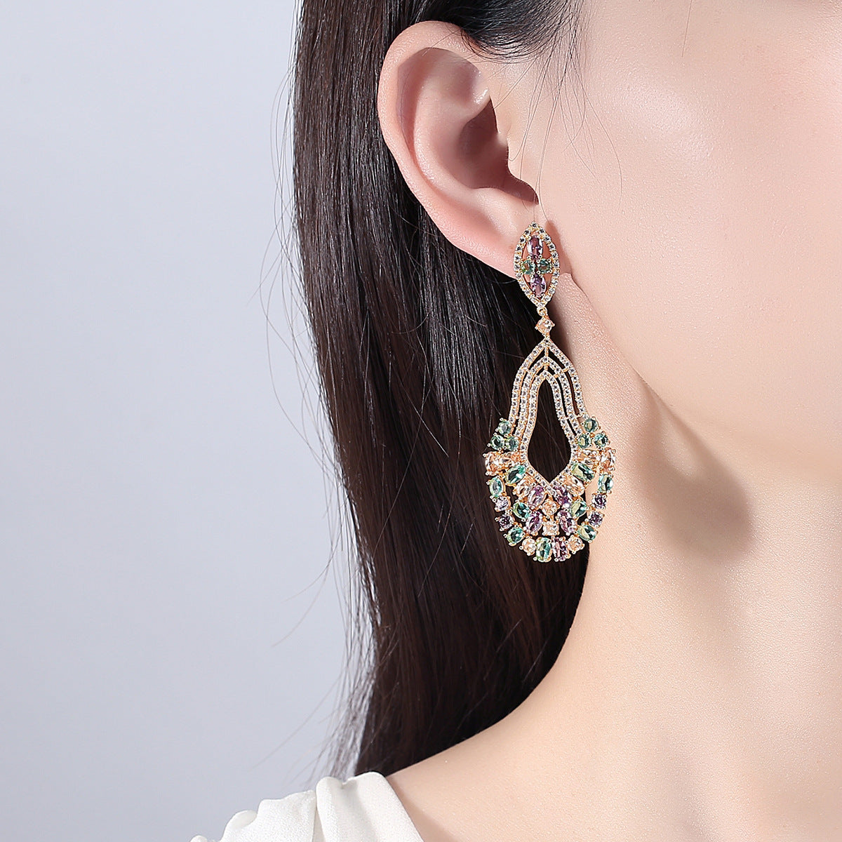 Rose Gold Plated Mixed Color Cubic Zirconia Dangle Drop Earrings AAA2044