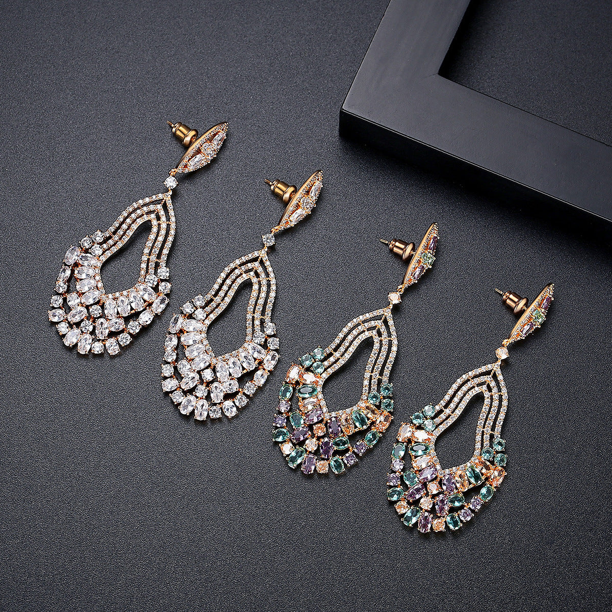 Rose Gold Plated Mixed Color Cubic Zirconia Dangle Drop Earrings AAA2044