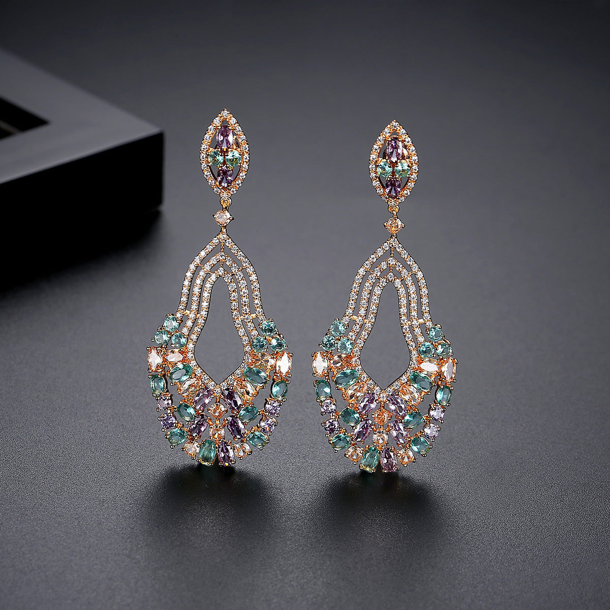 Rose Gold Plated Mixed Color Cubic Zirconia Dangle Drop Earrings AAA2044