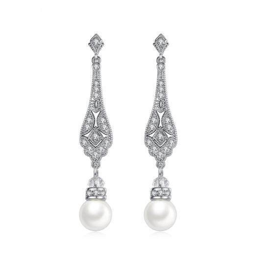 White Gold Plated Faux Pearl Drop Dangle Earrings AAA2129