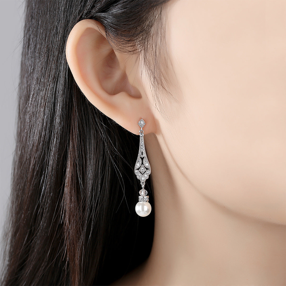White Gold Plated Faux Pearl Drop Dangle Earrings AAA2129