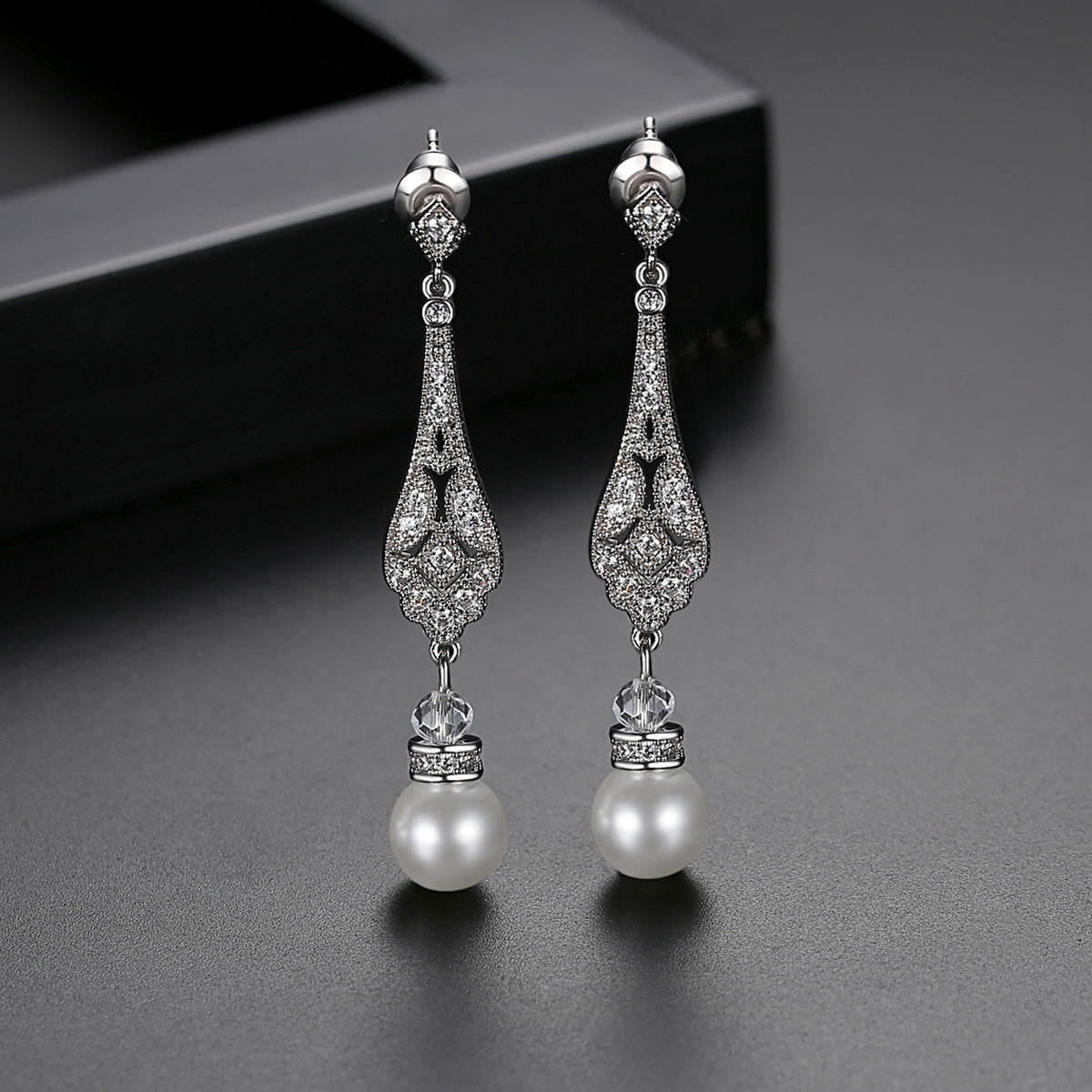 White Gold Plated Faux Pearl Drop Dangle Earrings AAA2129
