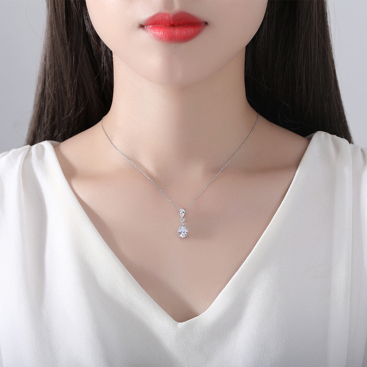 White Gold Plated Cubic Zirconia Pear Shape Pendant Necklace AAA2152