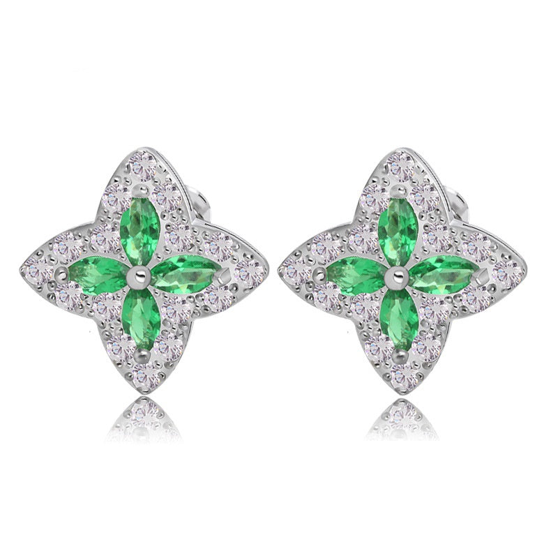 White Gold Plated Four-Leaf Clover Flower Cubic Zirconia Stud Earrings AAA216