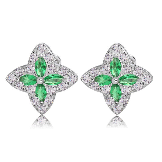 White Gold Plated Four-Leaf Clover Flower Cubic Zirconia Stud Earrings AAA216