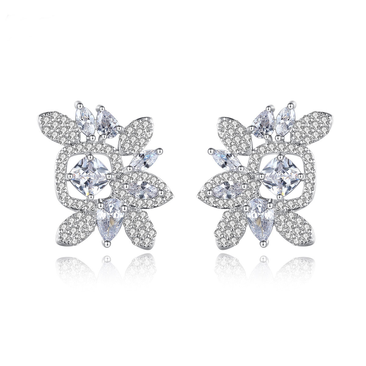 White Gold Plated Cubic Zirconia Flower Stud Earrings AAA2235