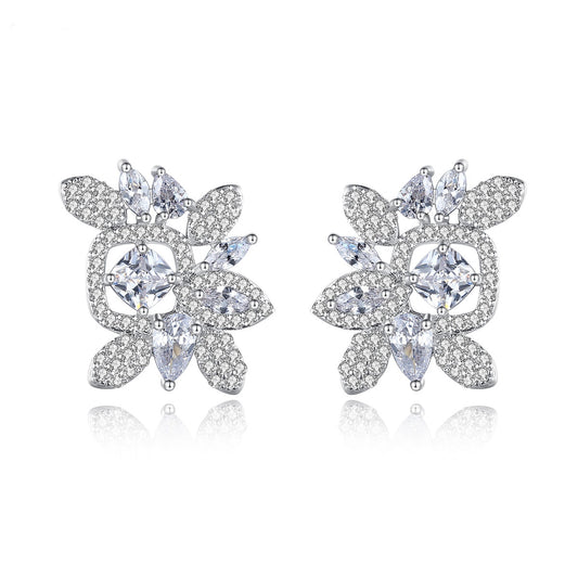 White Gold Plated Cubic Zirconia Flower Stud Earrings AAA2235