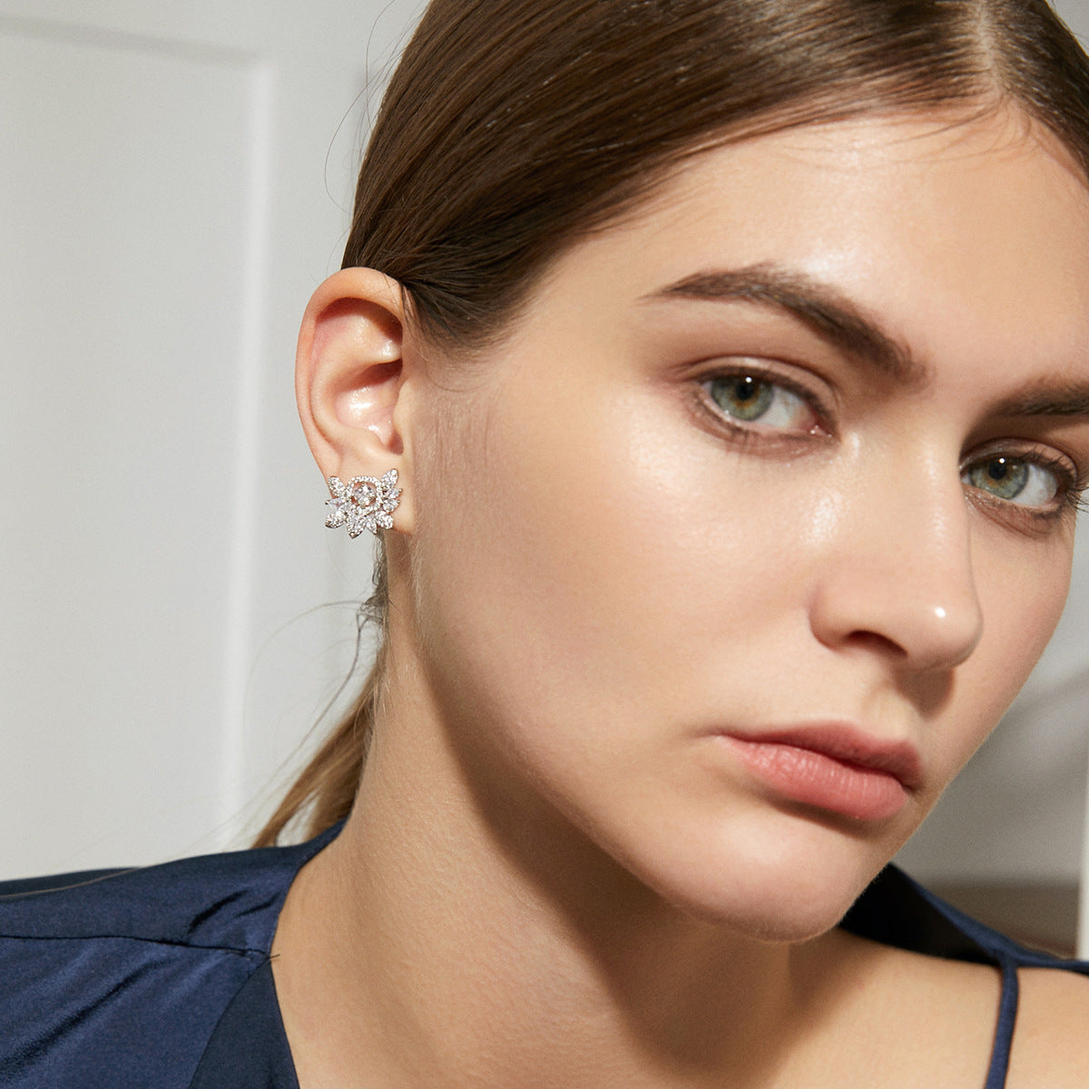 White Gold Plated Cubic Zirconia Flower Stud Earrings AAA2235