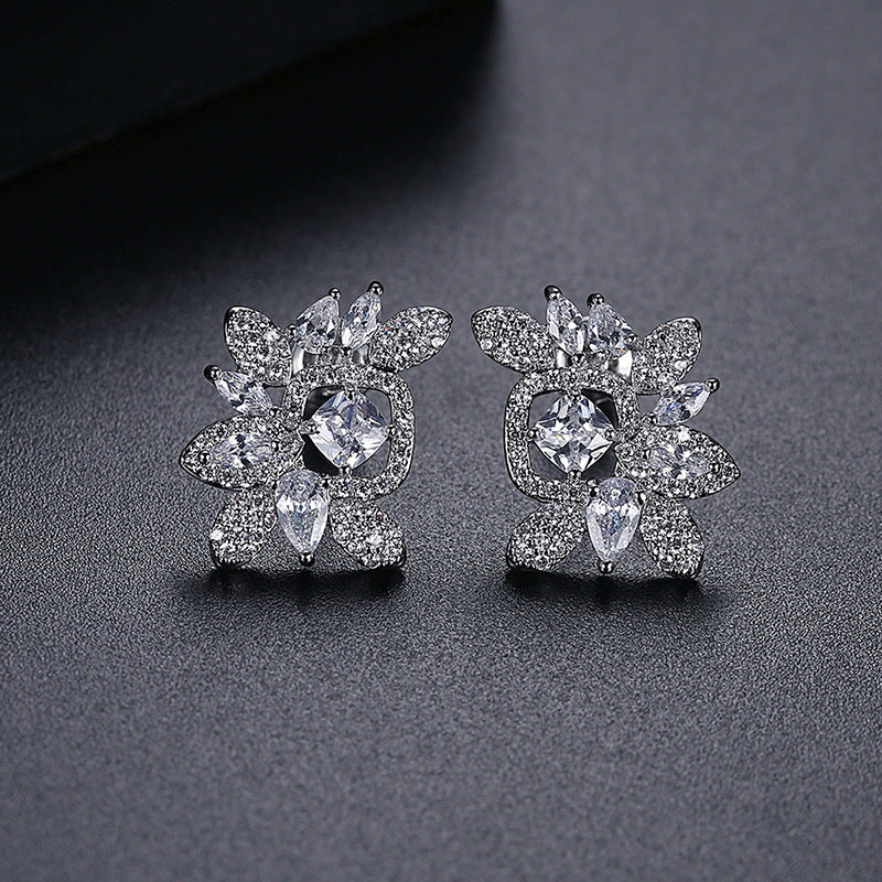 White Gold Plated Cubic Zirconia Flower Stud Earrings AAA2235