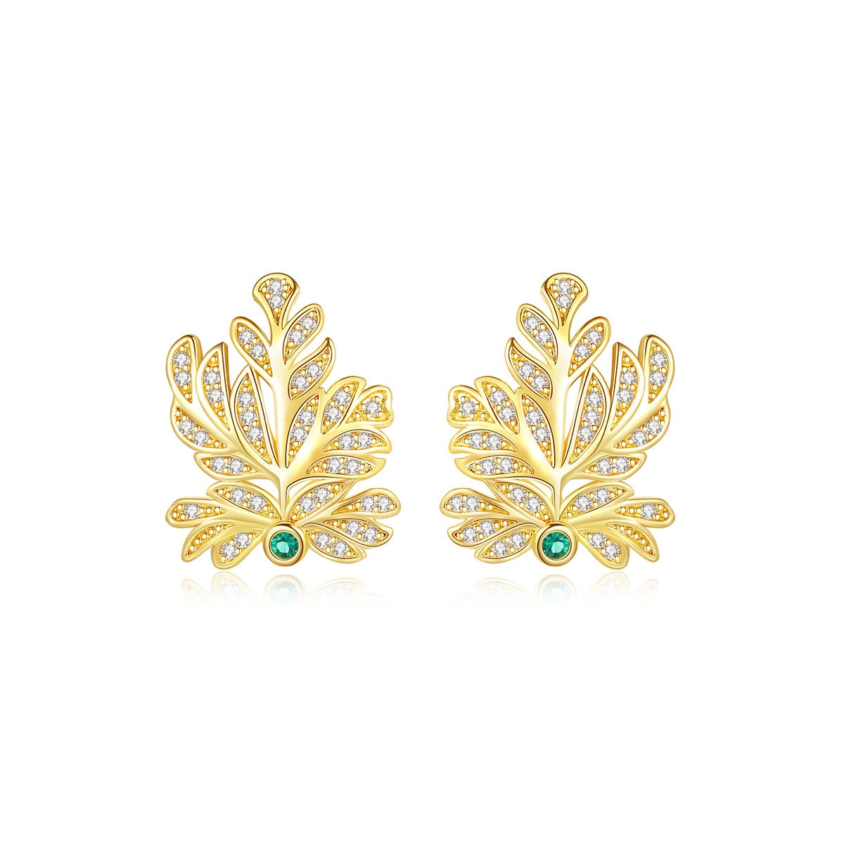 Gold Plated Leaf Cubic Zirconia Stud Earrings AAA2263