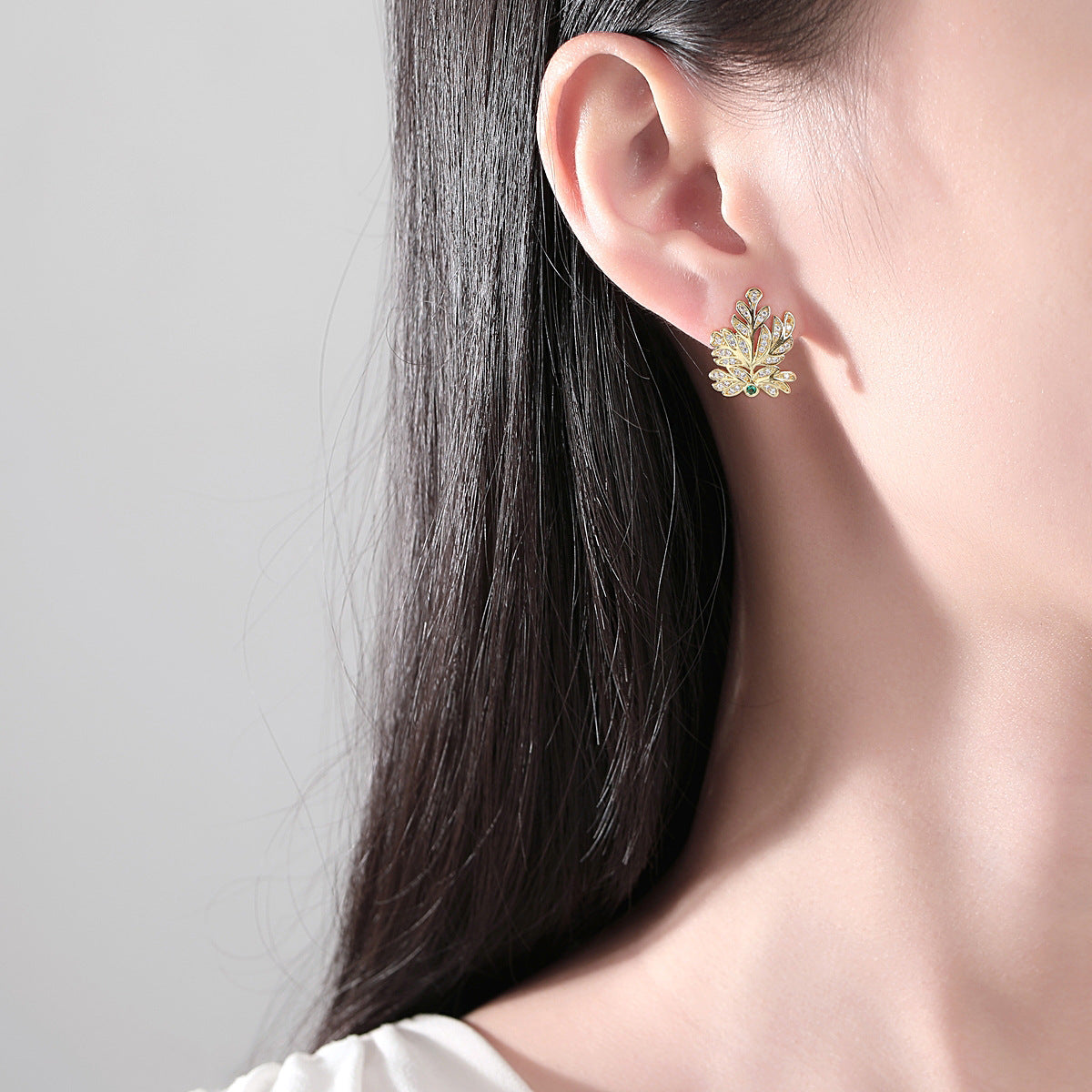 Gold Plated Leaf Cubic Zirconia Stud Earrings AAA2263