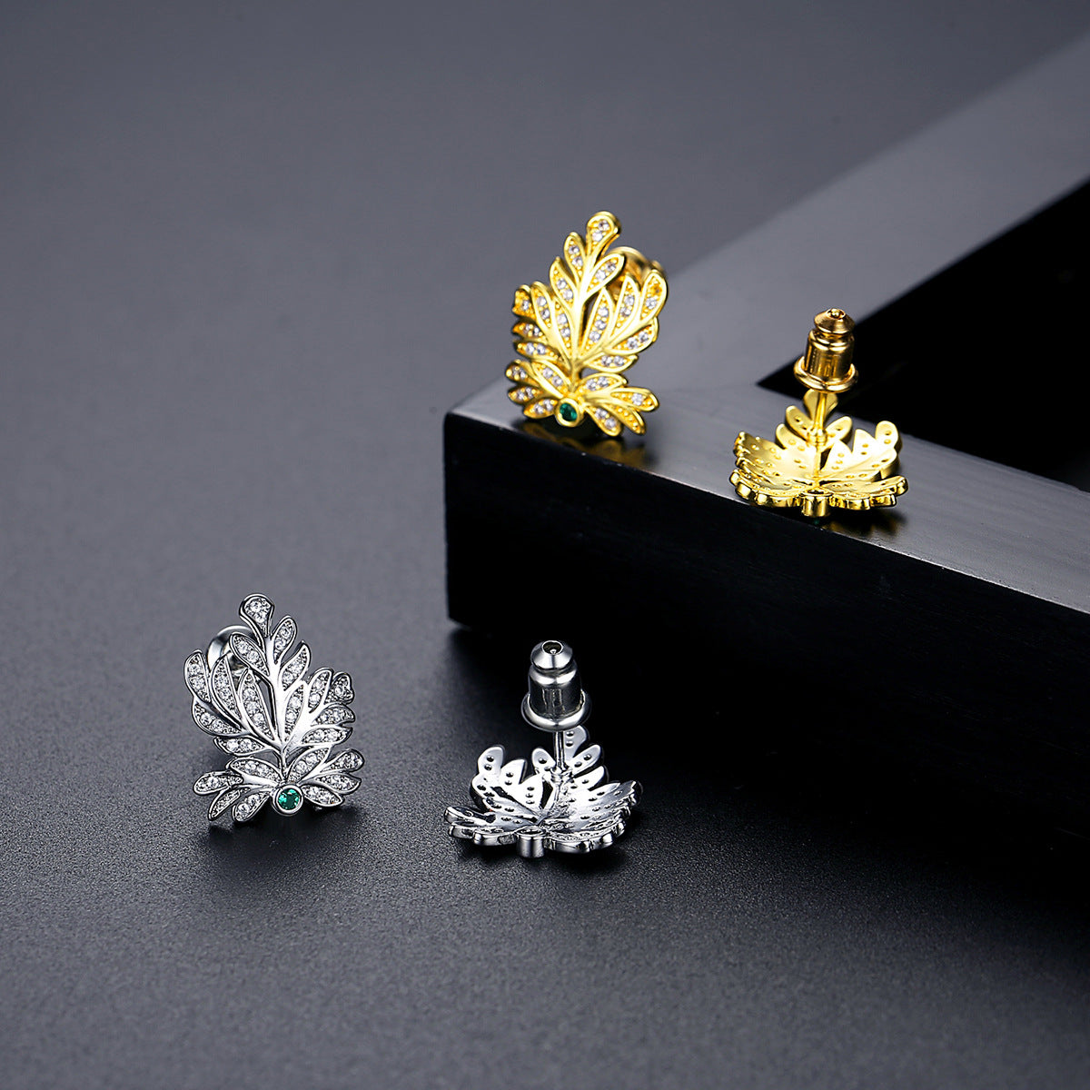 Gold Plated Leaf Cubic Zirconia Stud Earrings AAA2263
