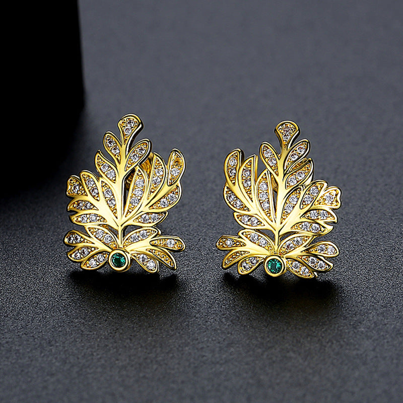 Gold Plated Leaf Cubic Zirconia Stud Earrings AAA2263